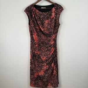 Dress Barn Dress Sleeveless Rouched Waist Floral Black Coral Stretchy Size 12